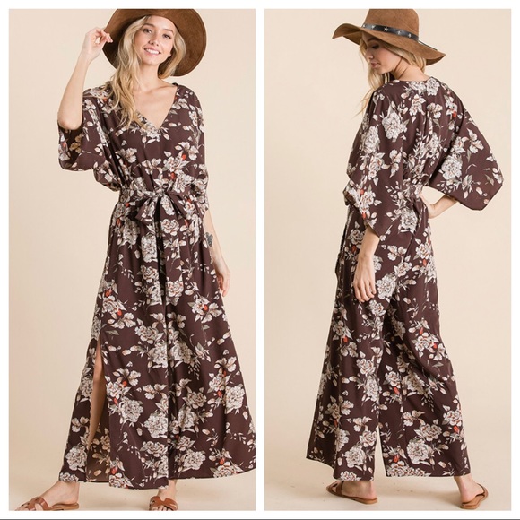 ShopEvelynne Pants - Floral print wide leg jumpsuit with belted waist